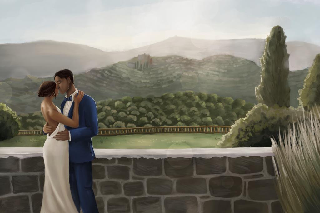 bride and groom, landscape in background, golden hour, illustrated digitally, aesthetic colours, almost kissing, illustrated by vivisvorld, artist name of viviane itten
