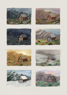 a scene drawn in eight different light moods, as an example of what you learn in the workshops and courses by vivisvorld, artist named viviane itten