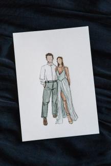 a couple illustrated with watercolours, fashion live illustration at a wedding, guests in evening dress and suit, aesthetic colours, gold shimmer, vivisvorld