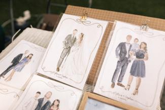 live illustrations drawn during a destination wedding in Switzerland, watercolour fashion illustrations of all the guests