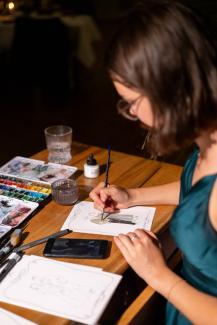 live illustration artist, drawing the wedding guests with watercolour in a fashion illustration look, my workplace, me (the artist) while working