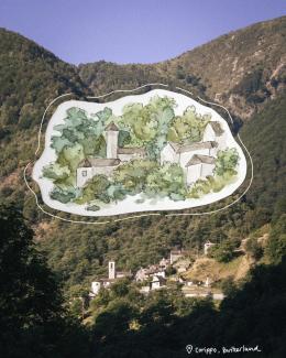 corippo, ticino in switzerland as a photo and watercolour sticker, summer film aesthetic photography