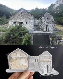 our AirBnB in Ticino, a photo and a watercolour drawing of it