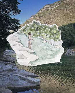 summer aesthetic photo and watercolour sticker, verzasca valley Switzerland, river,