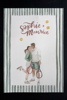 a watercolour illustration of a tennis couple, stationary, illustrated wedding invitation