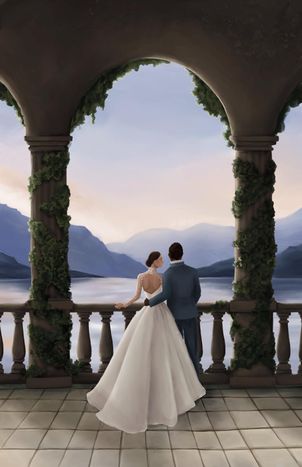 a digital Illustration by vivisvorld, bride and groom, beautiful landscape and architecture