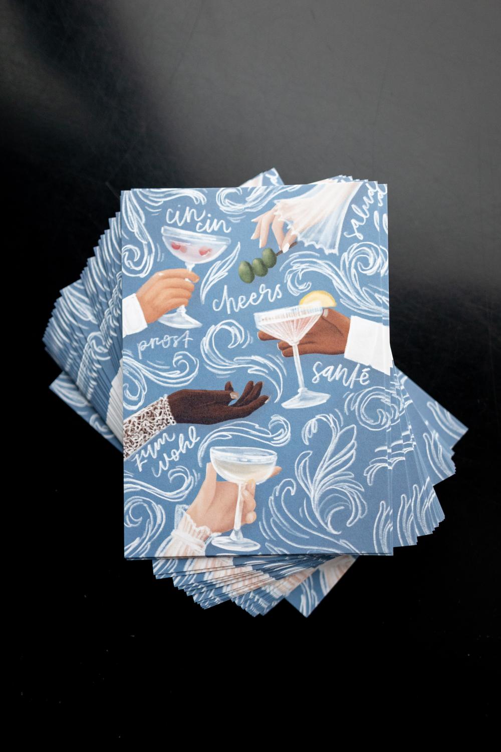 The wedding congratulations postcard by vivisvorld. Elegant postcard, hands, blue, wine, aperitiv, champagne, tendrils, 
