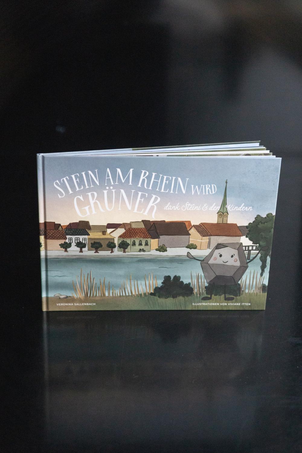 an illustrated book cover, childrens book, aesthetic colours, Name of the book is Stein am Rhein wird grüner dank Steini und den Kindern