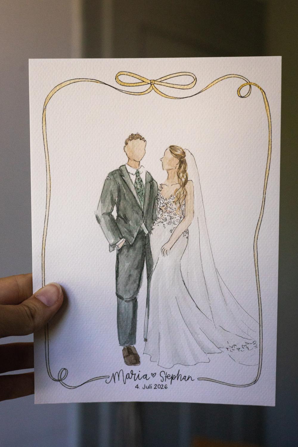 A live Illustration of a wedding couple, fashion illustration like with watercolour, handpainted detailed