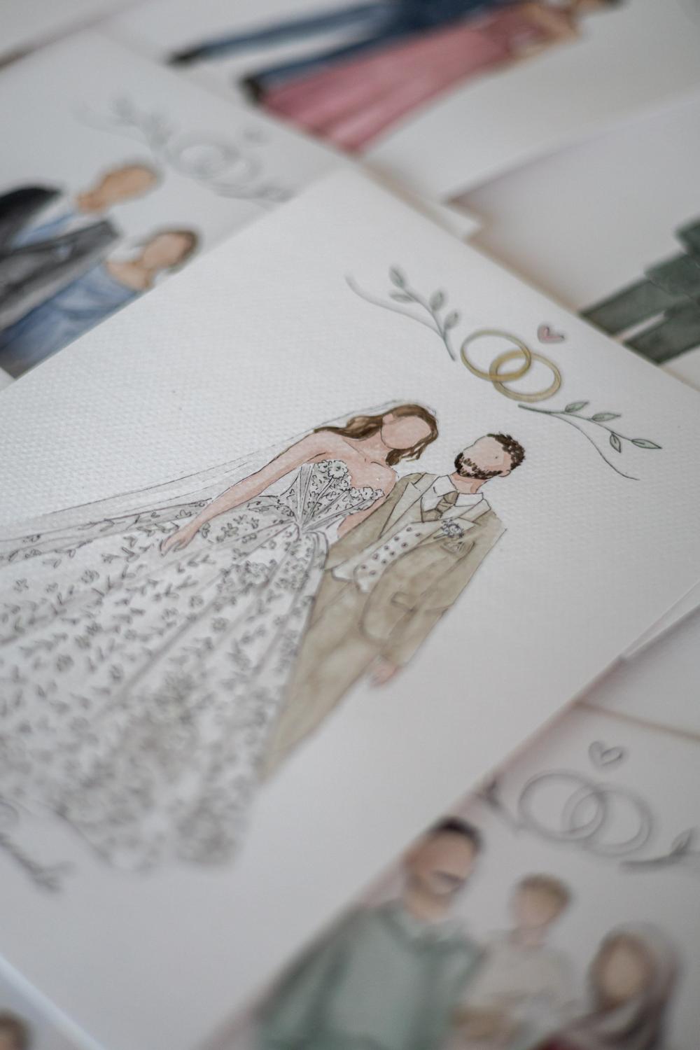 an illustration of a wedding couple with watercolour, fashion illustration like, princess wedding gown, live illustration of a wedding in switzerland